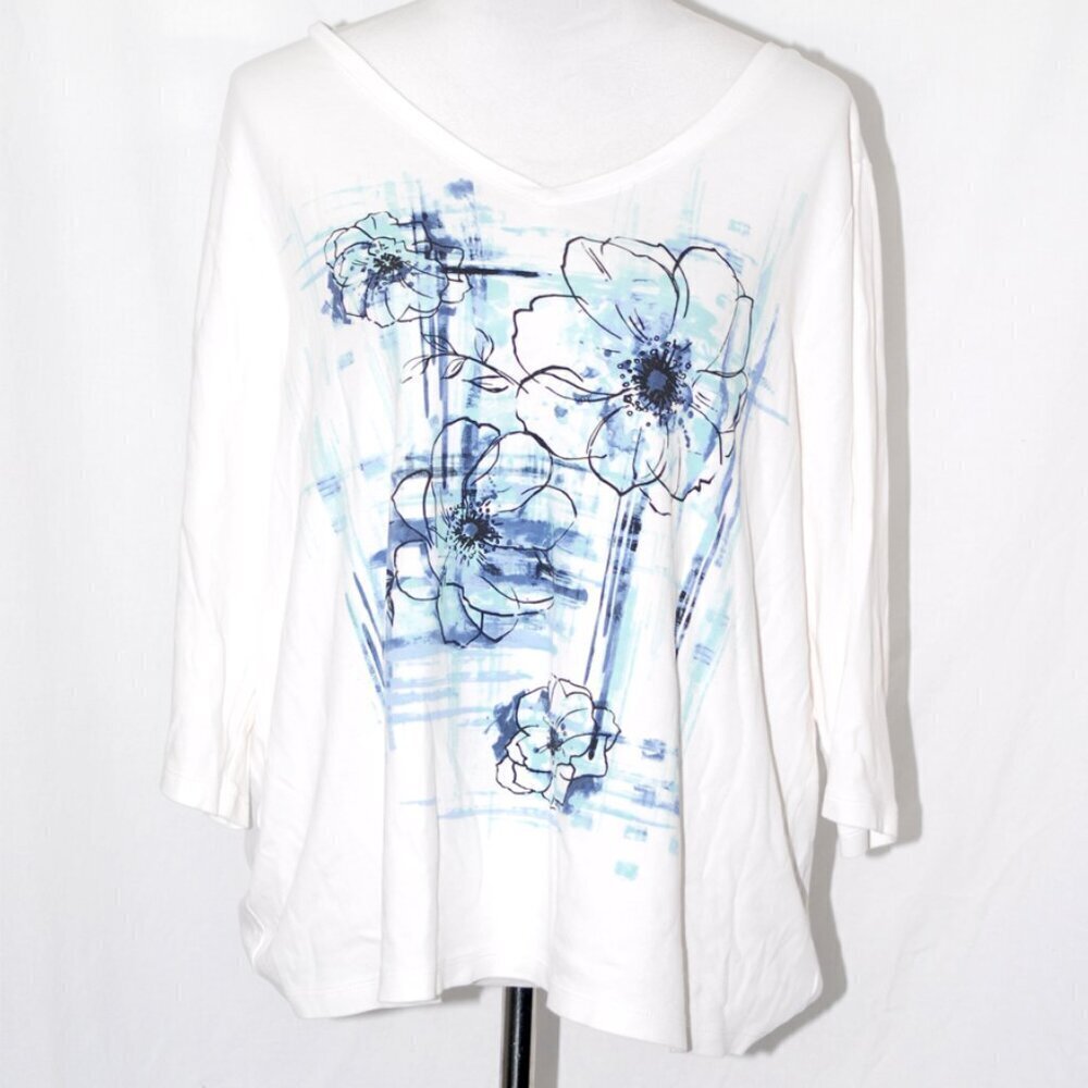 Hawaiian 3/4 Length Sleeves Studio Works Womens 2X Top White Floral Shirt